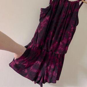 Small Pink purple & black tie-dye swim romper with pockets, EUC